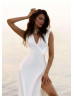 V Neck White Satin Slit Classic Wedding Dress